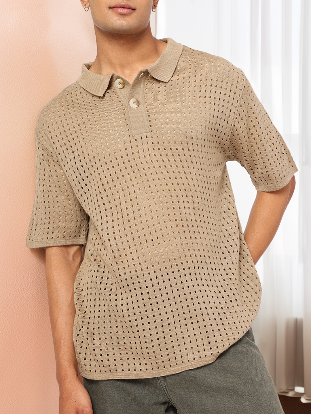 

Kook N Keech Vacation Vibes Open Knit Acrylic Polo T-shirt, Brown