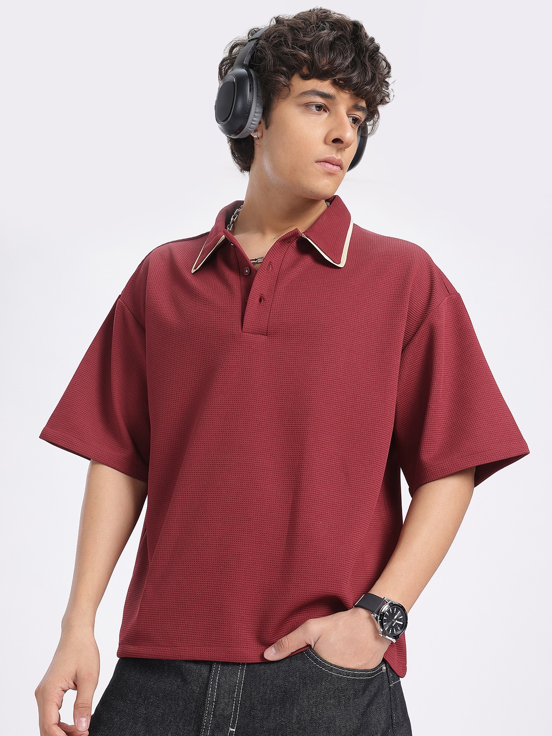 

glitchez Waffle Weave Drop-Shoulder Relaxed Polo Tee, Maroon