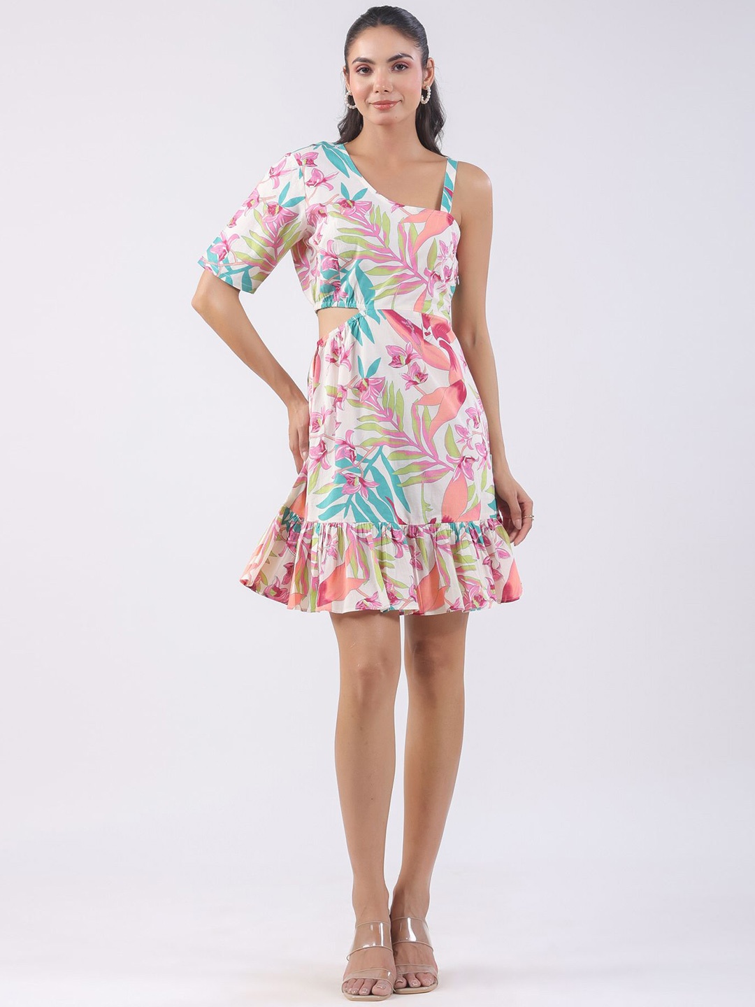 

JISORA Women Multicoloured Printed Pure Cotton Dress, Pink