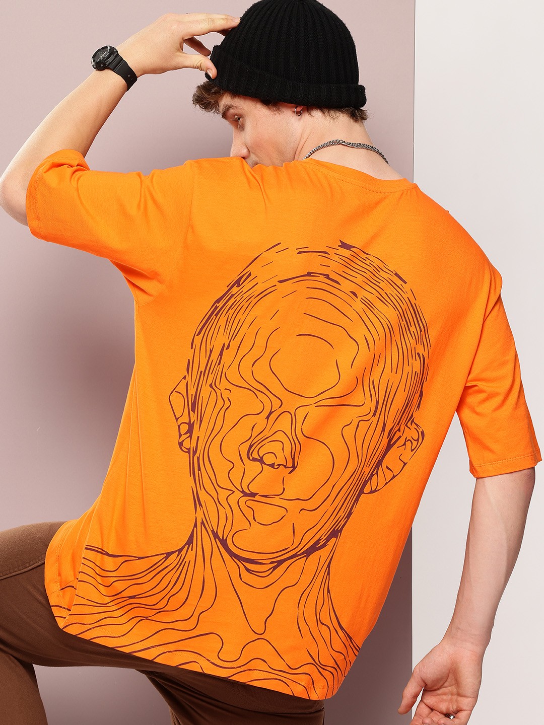 

Kook N Keech Printed Drop-Shoulder Sleeves Oversized Pure Cotton T-shirt, Orange