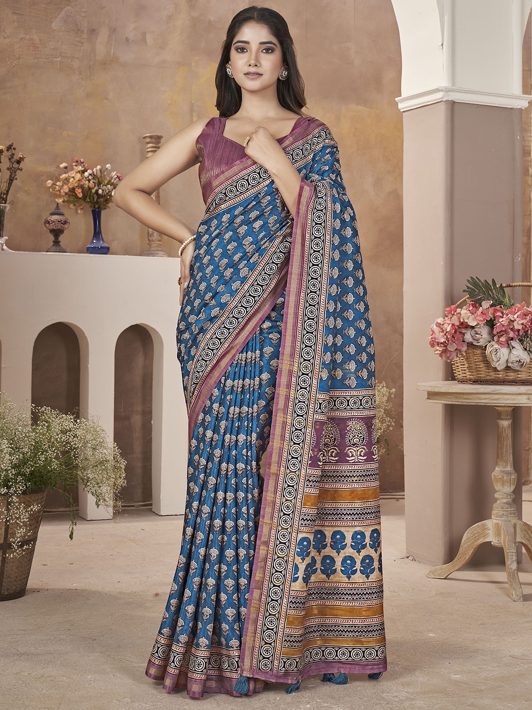 

TASRIKA Ajrak Block Zari Silk Blend Dabu Saree, Blue