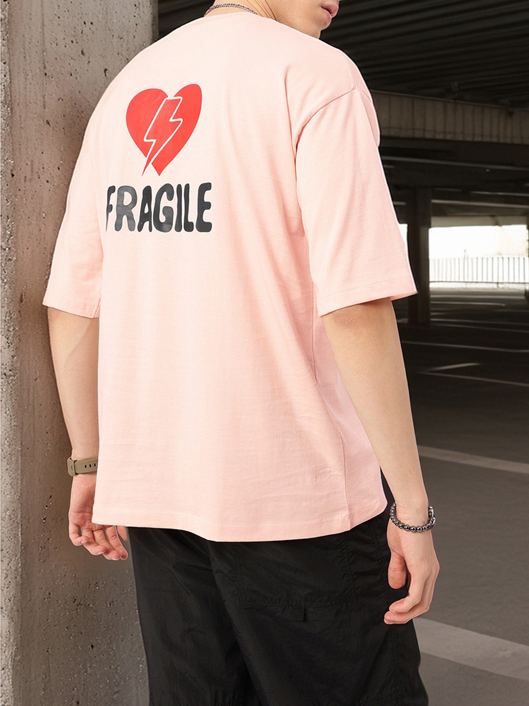 

Soft Grunge Handle With Care Printed Oversized T-shirt, Pink