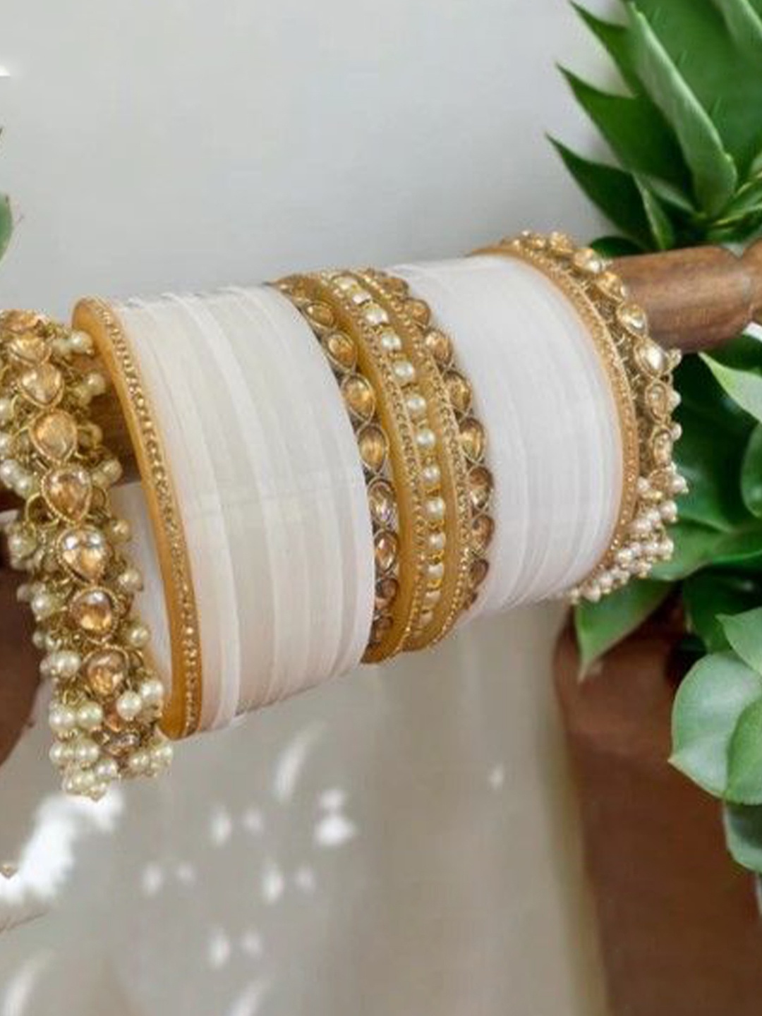 

leshya Set Of 29 Stone Studded & Beaded Rajasthani Bridal Chura & Gajra Kada Bangles, Gold