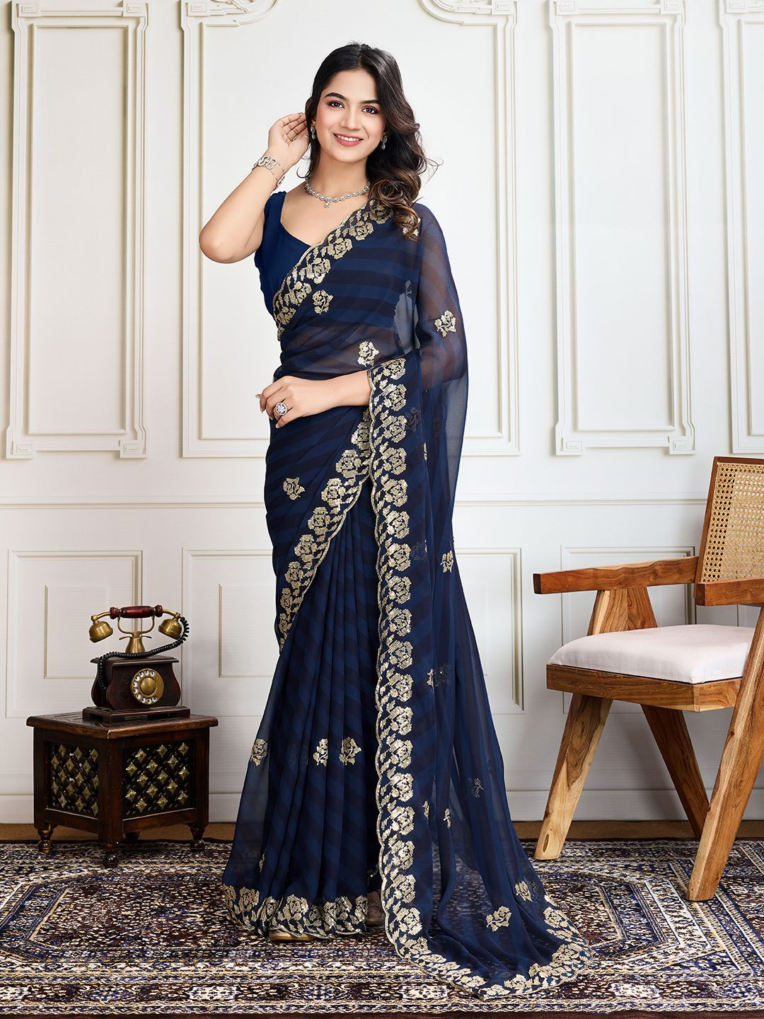 

House Of Pataudi Navy Blue Georgette Printed Work Saree With Blouse
