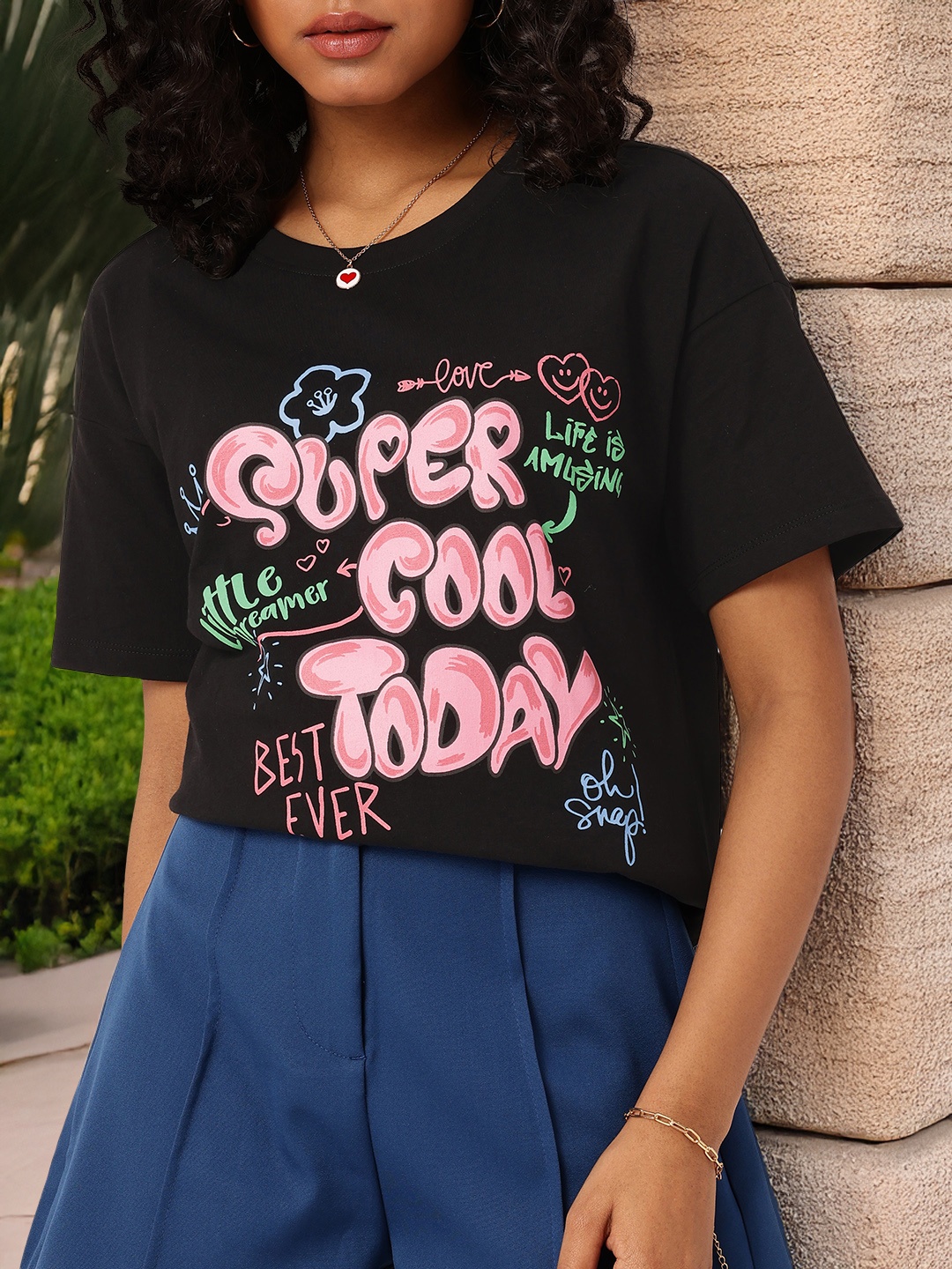 

DressBerry Urban Cool Printed Oversized Longline T-shirt, Black
