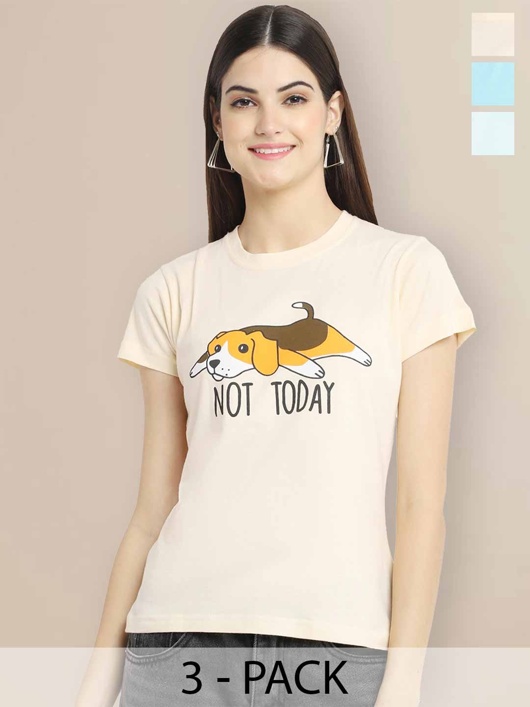 

Metronaut Women Pack of 3 Looney Tunes Graphic Printed Round Neck Cotton T-shirts, Beige