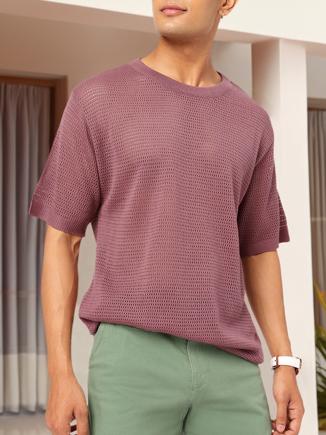 

Kook N Keech Men in Mauve Open Knit T-shirt