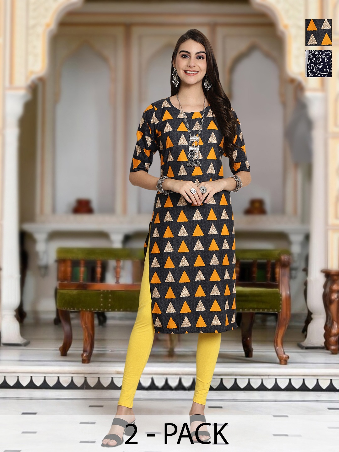 

Moda Rapido Selection Of 2 Geometric Printed Round Neck Straight Kurta, Black
