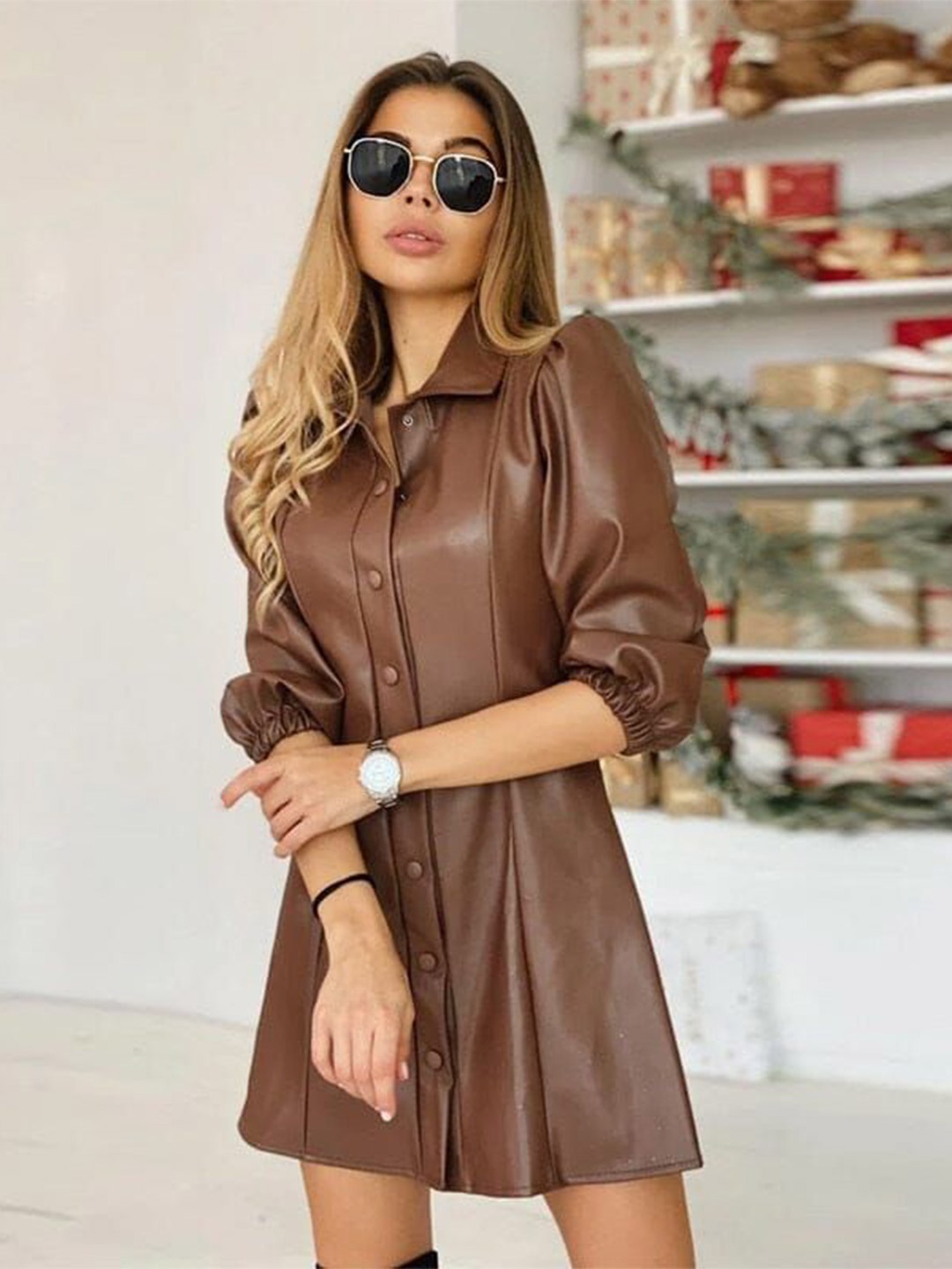 

HIGH BUY Leather Shirt Dress, Brown