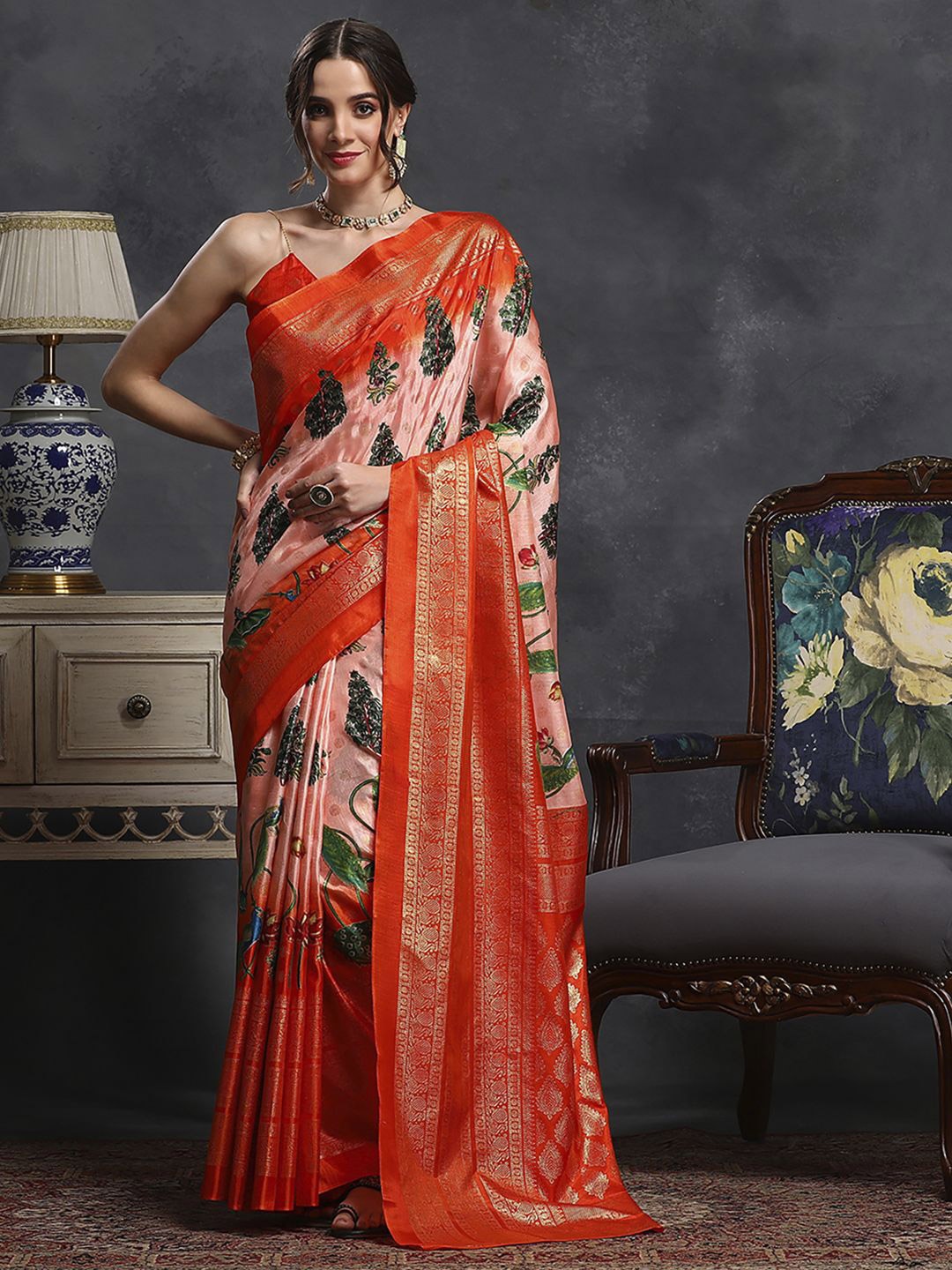 

Mitera Kalamkari Zari Silk Blend Bagh Saree, Peach