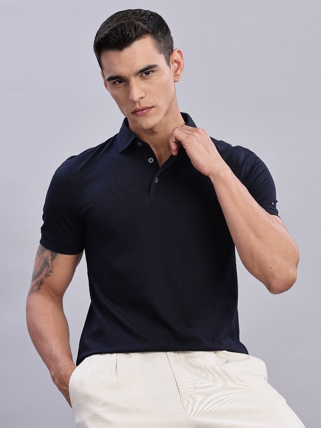 

Tommy Hilfiger Men Polo Collar Pure Cotton T-shirt, Navy blue