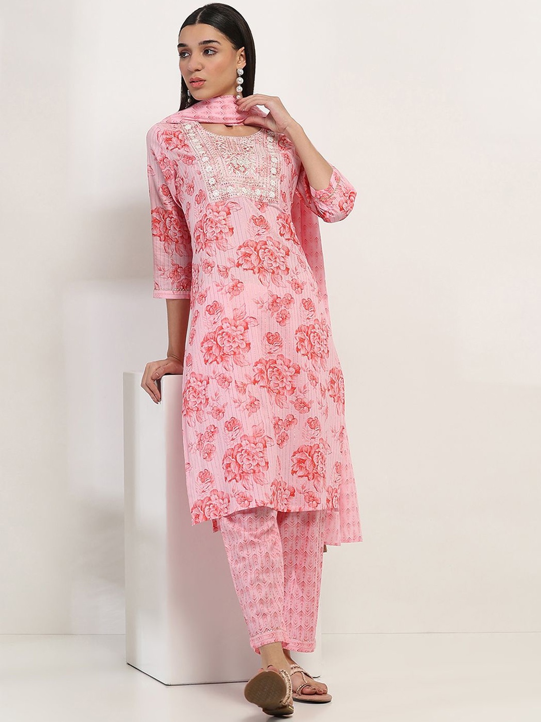 

Rangriti Floral Printed Thread Work Pure Cotton Straight Kurta With Trousers & Dupatta, Pink