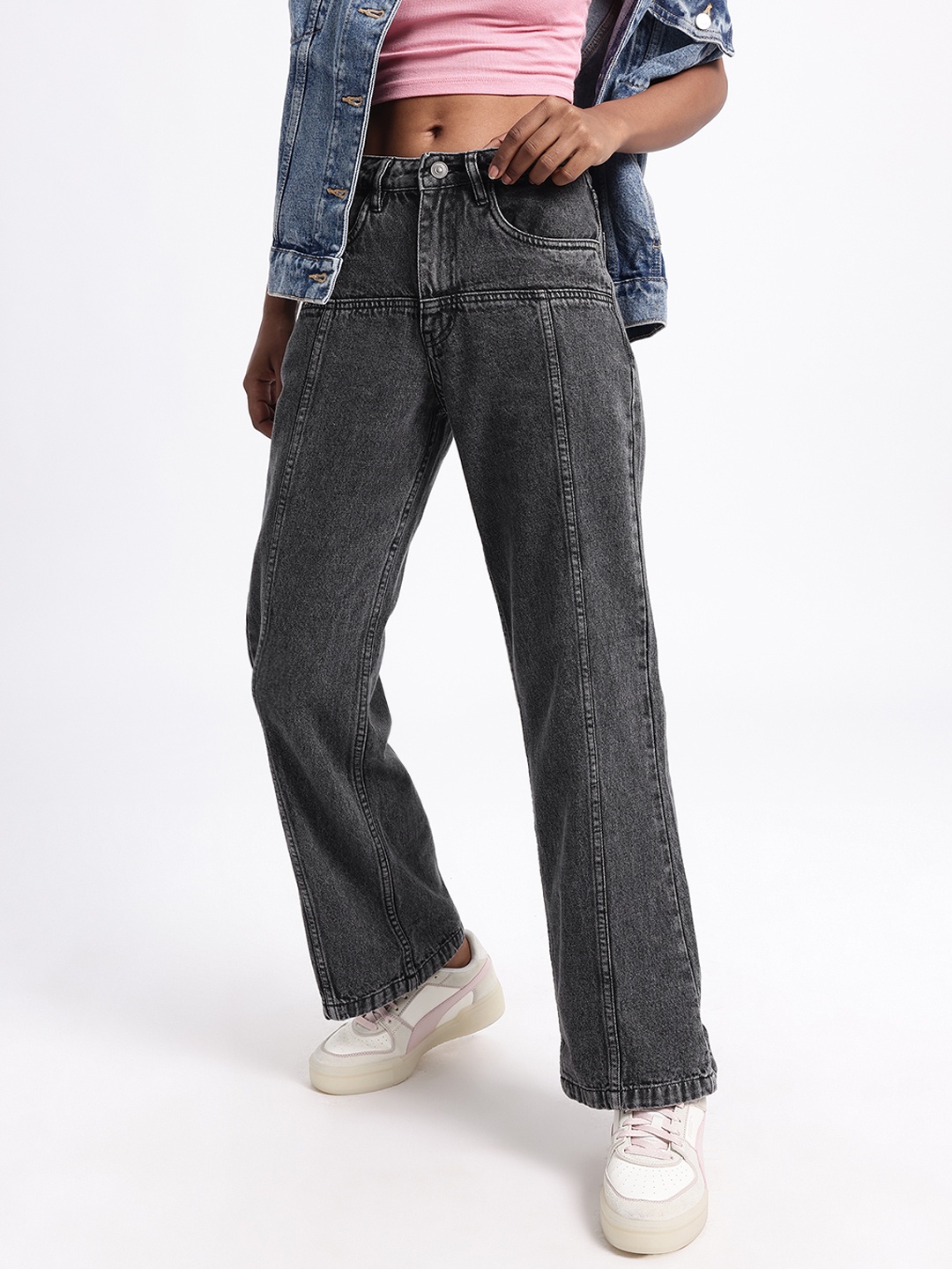 

glitchez Women Classic Cuts Panelled Flared Jeans, Charcoal