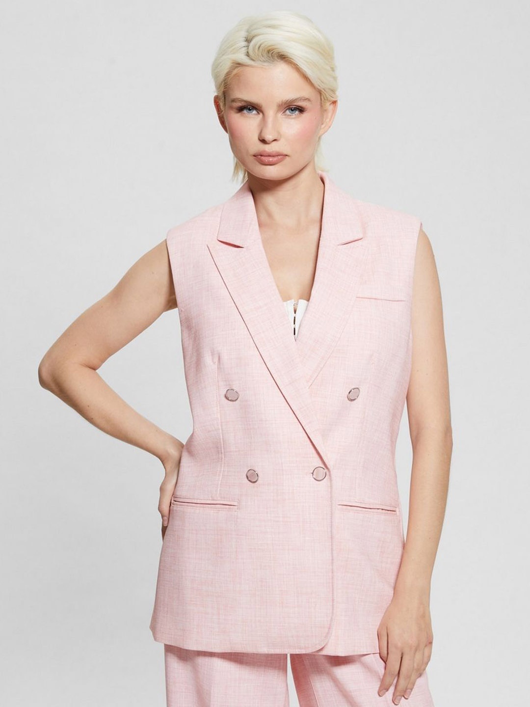 

Guess Texured Double Breasted Notched Lapel Collar Vest Blazer, Pink