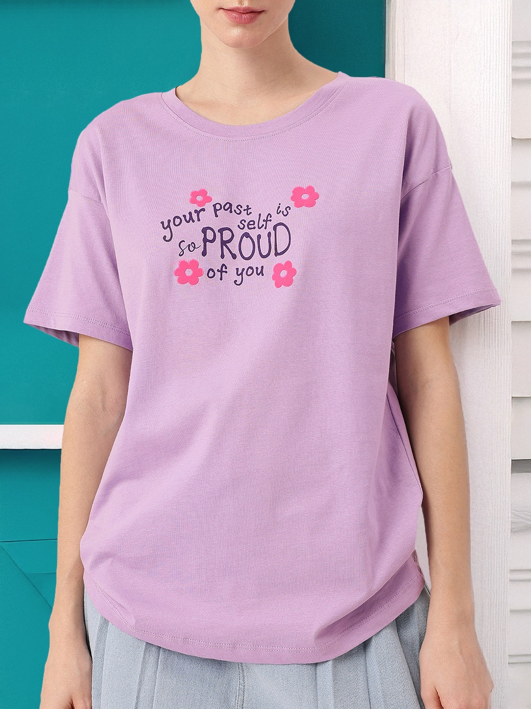 

DressBerry Girly Charm Typography Printed Oversized T-shirts, Lavender