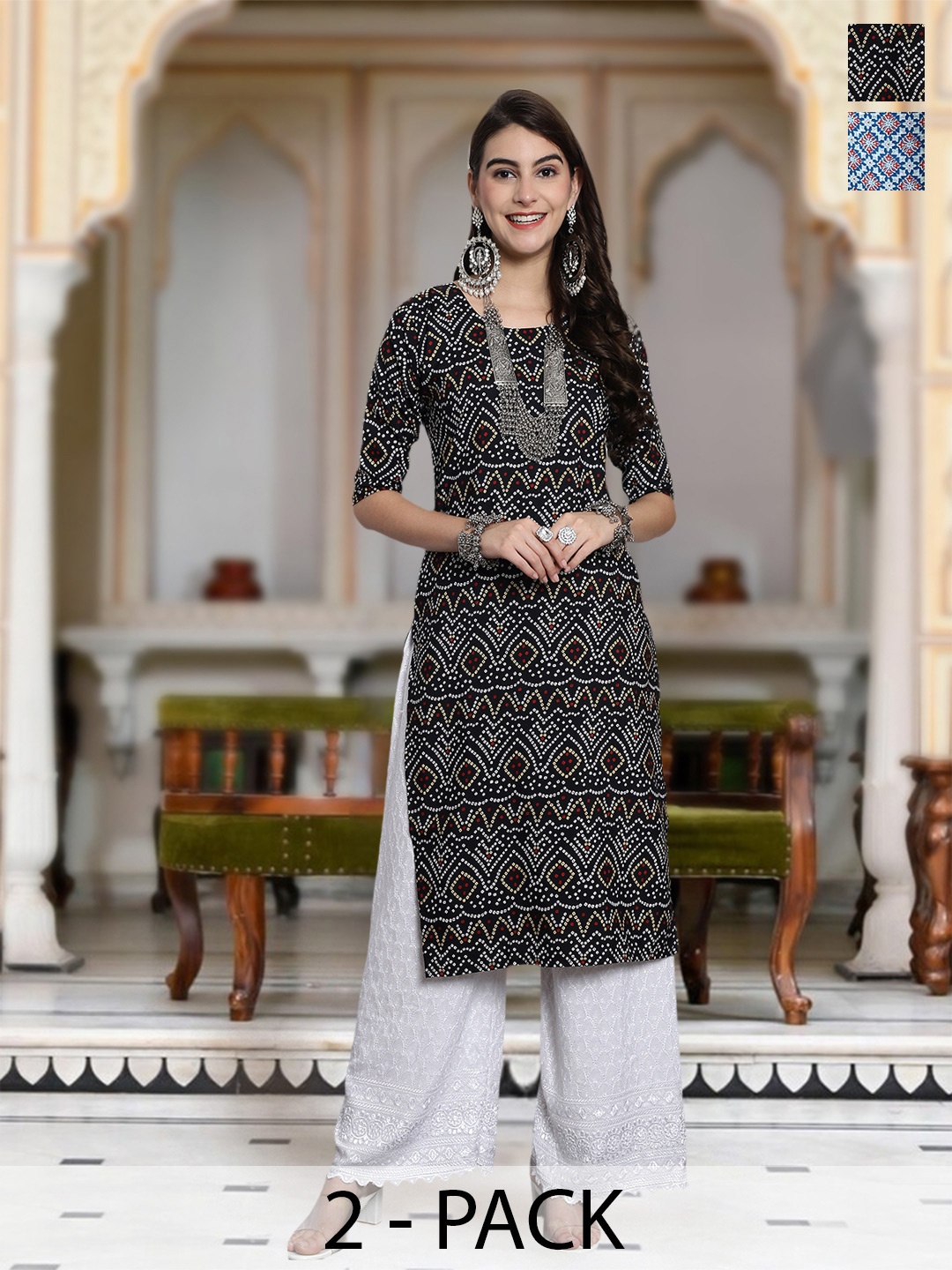 

Moda Rapido Selection Of 2 Bandhani Printed Round Neck Straight Kurta, Black