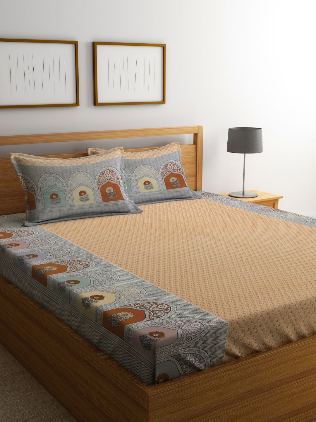 

Myntra Elegant Homes Orange & Grey Ethnic Motifs 400 TC King Bedsheet with 2 Pillow Covers