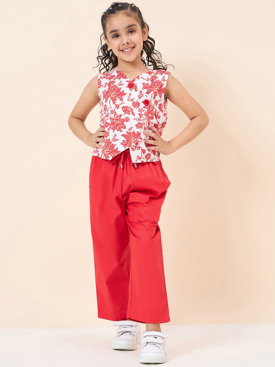 

StyloBug Girls Printed V-Neck Top With Trouser, Red