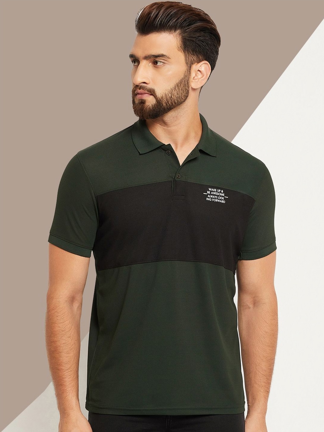 

OGEN Men Colourblocked Polo Collar Pockets T-shirt, Olive
