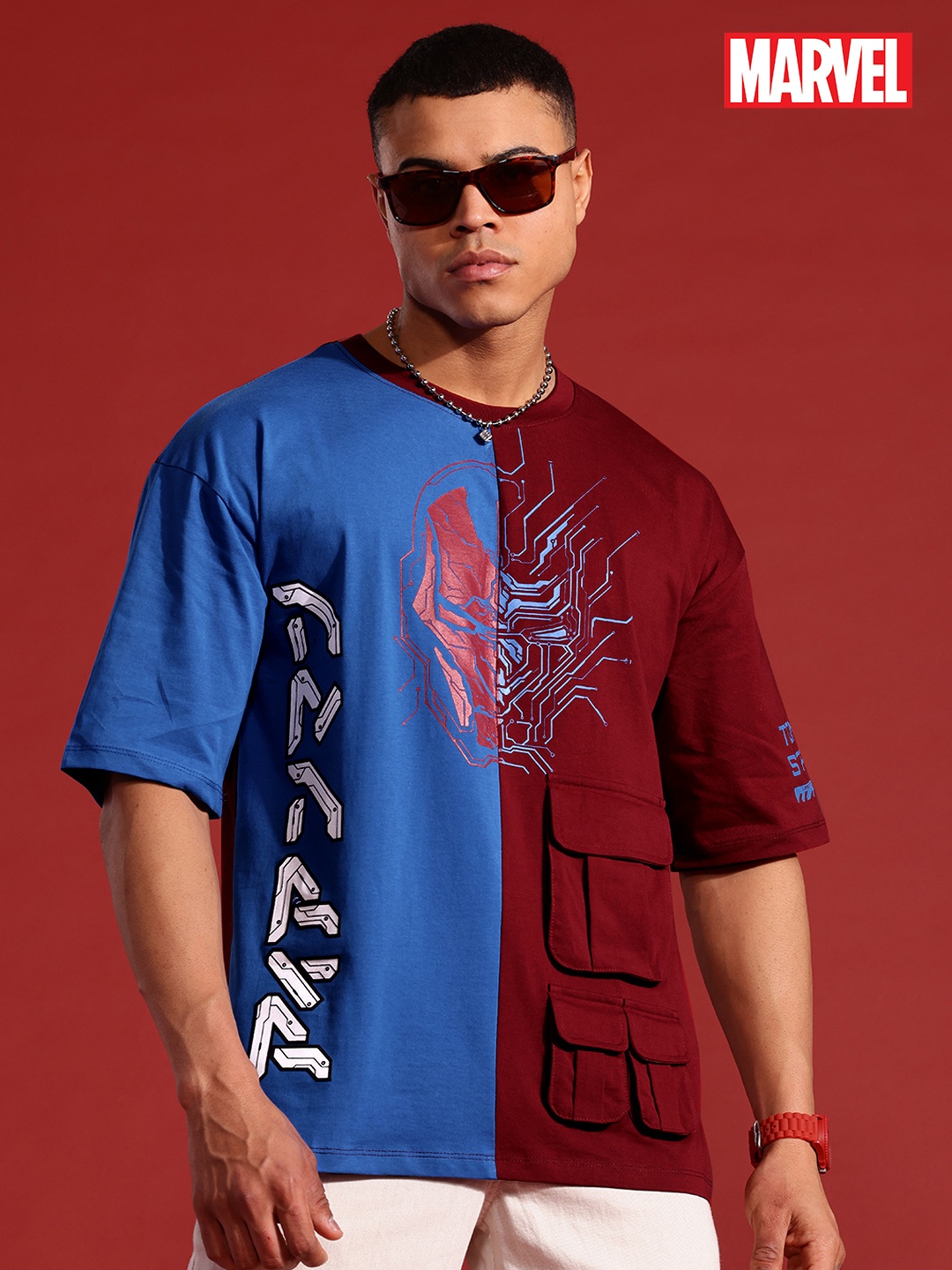 

MARVEL STREET Cyber Punk Colourblocked Iron Man Print Cotton Cargo Pocket T-shirt, Blue