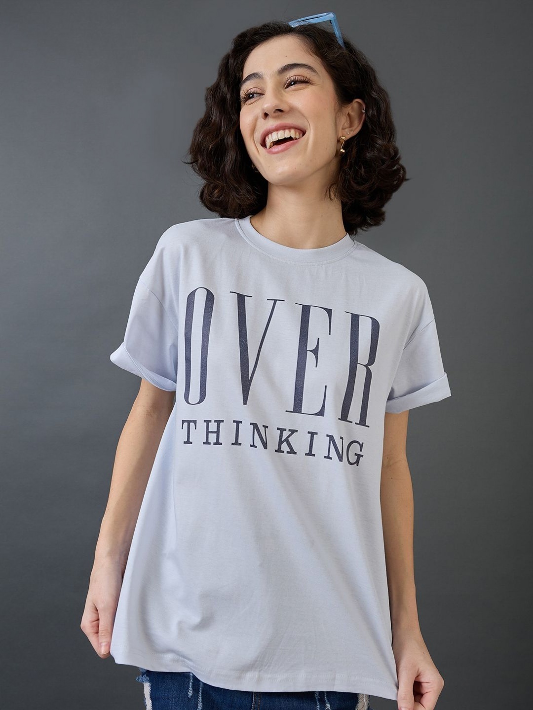 

Mast & Harbour Women Printed Raw Edge T-shirt, Grey