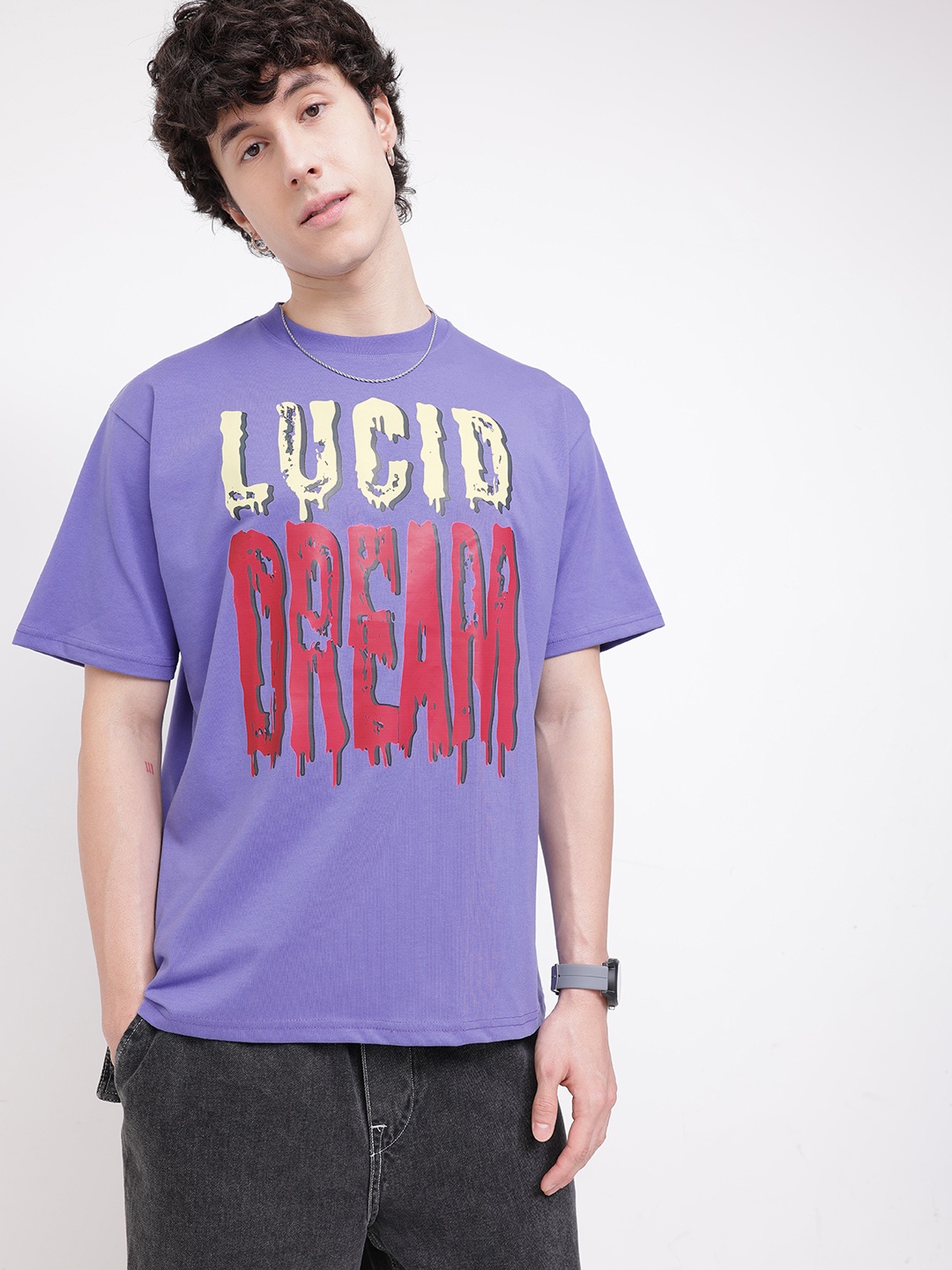 

Kook N Keech Typography Printed Drop-Shoulder Sleeves Relaxed Fit T-shirt, Purple