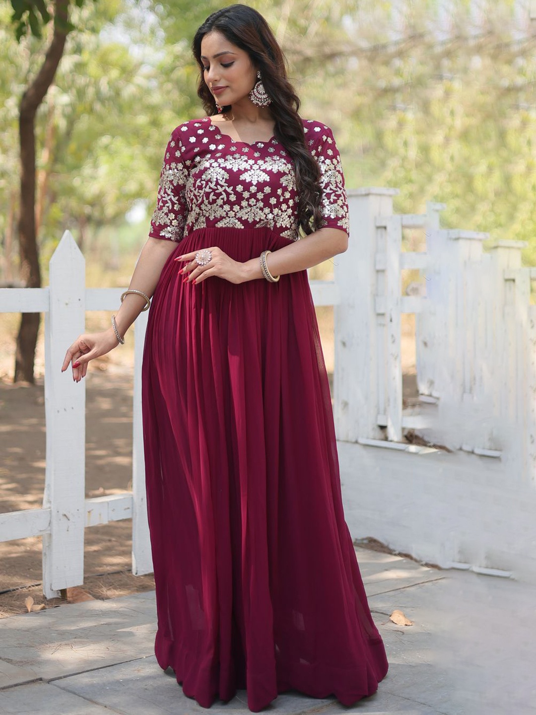 

KALINI Embroidered Maxi Ethnic Dress, Maroon