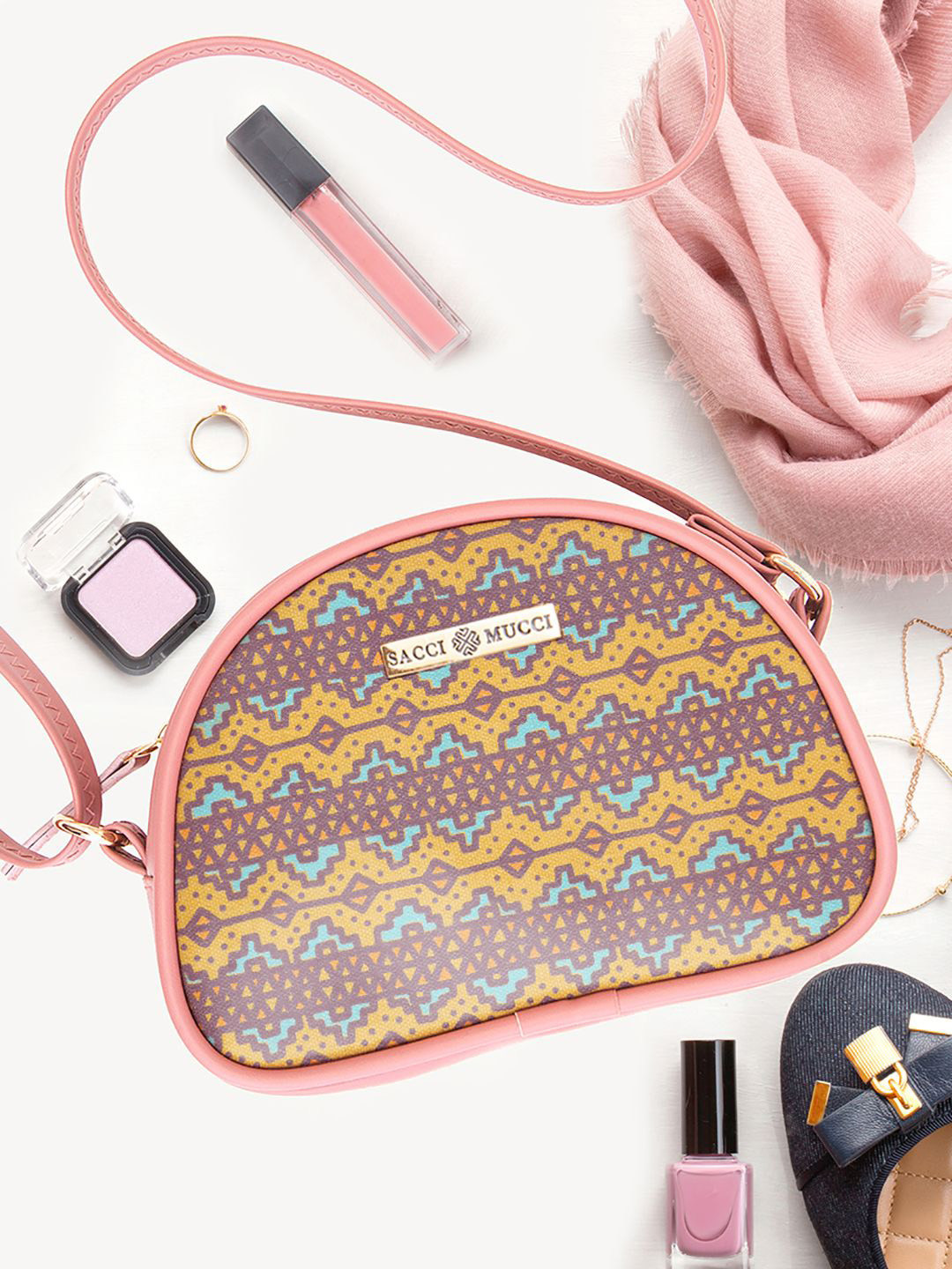 

Sacci Mucci Floral Printed Sling Bag with Cut Work, Pink