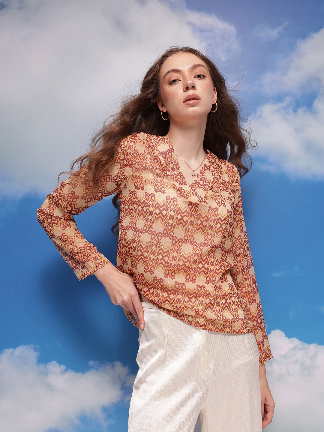 

CORSICA Ethnic Print Semi Sheer Top with Metallic Detail, Beige