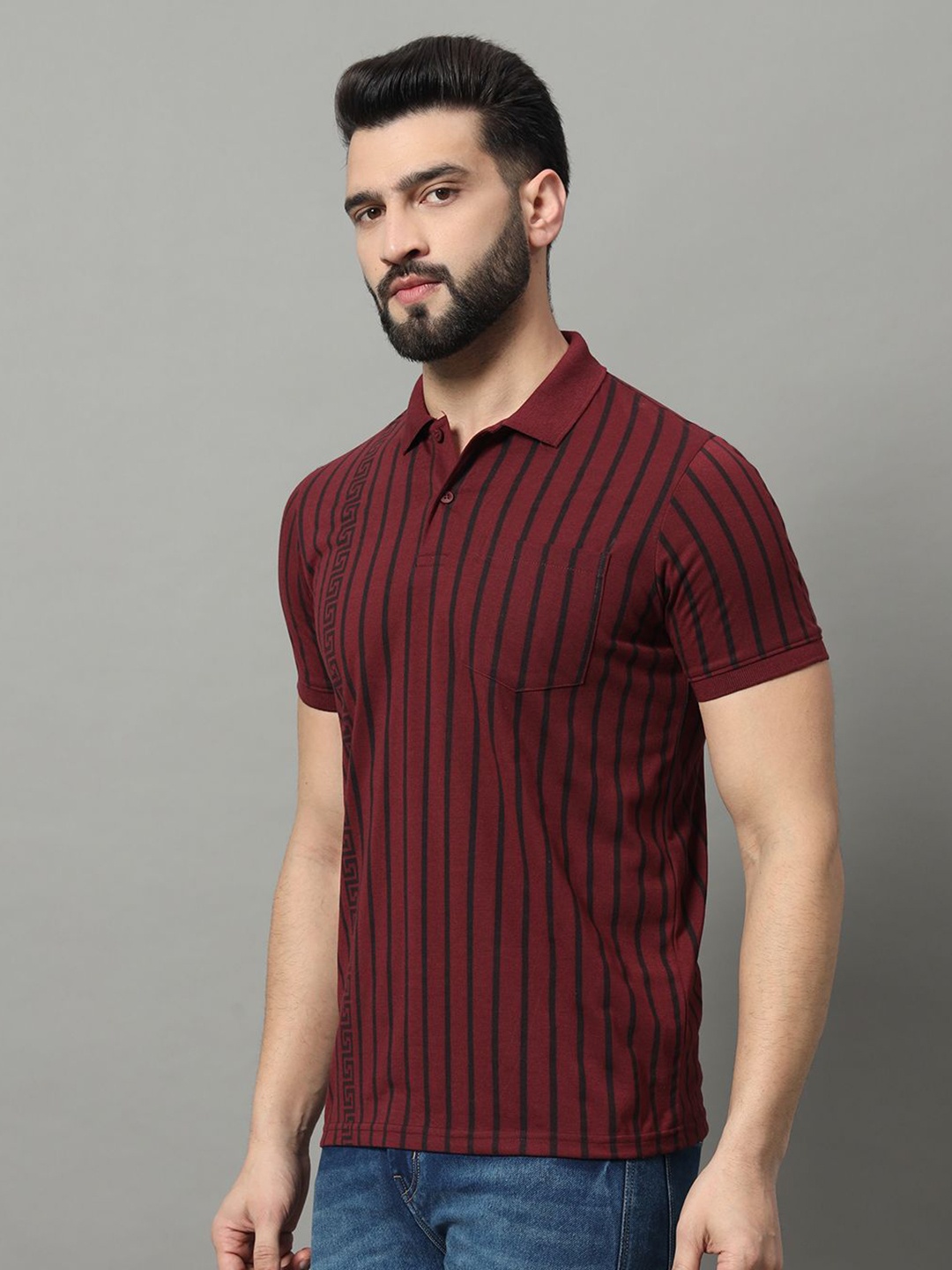 

OGEN Men Striped Polo Collar Extended Sleeves Pockets T-shirt, Maroon