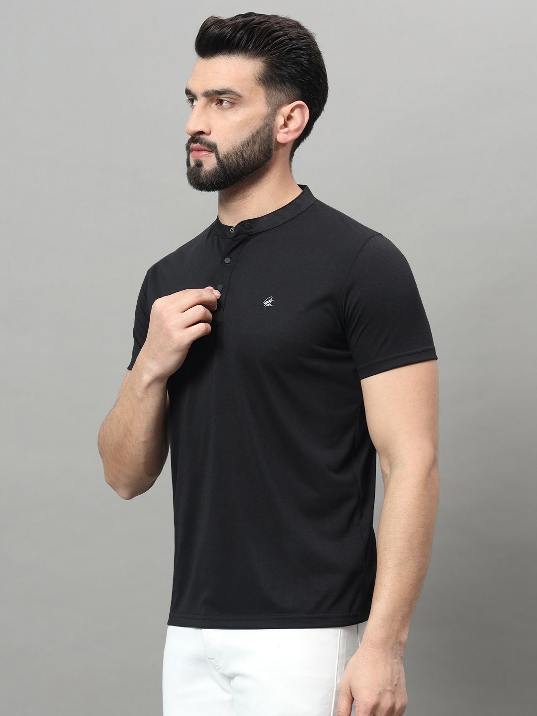 

OGEN Men Mandarin Collar Pockets T-shirt, Black