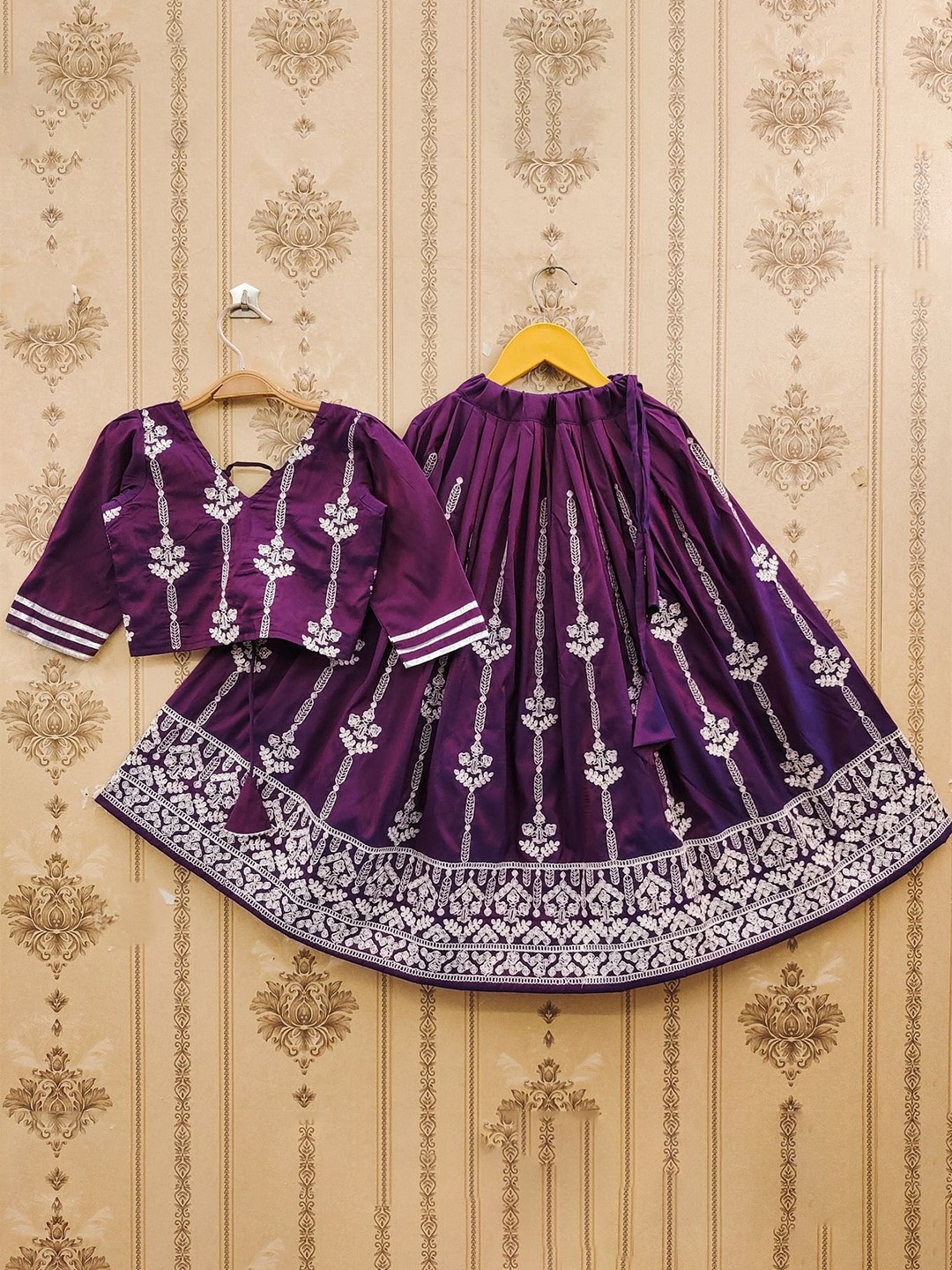 

BAESD Girls Embroidered Thread Work Foil Print Ready to Wear Lehenga &, Purple