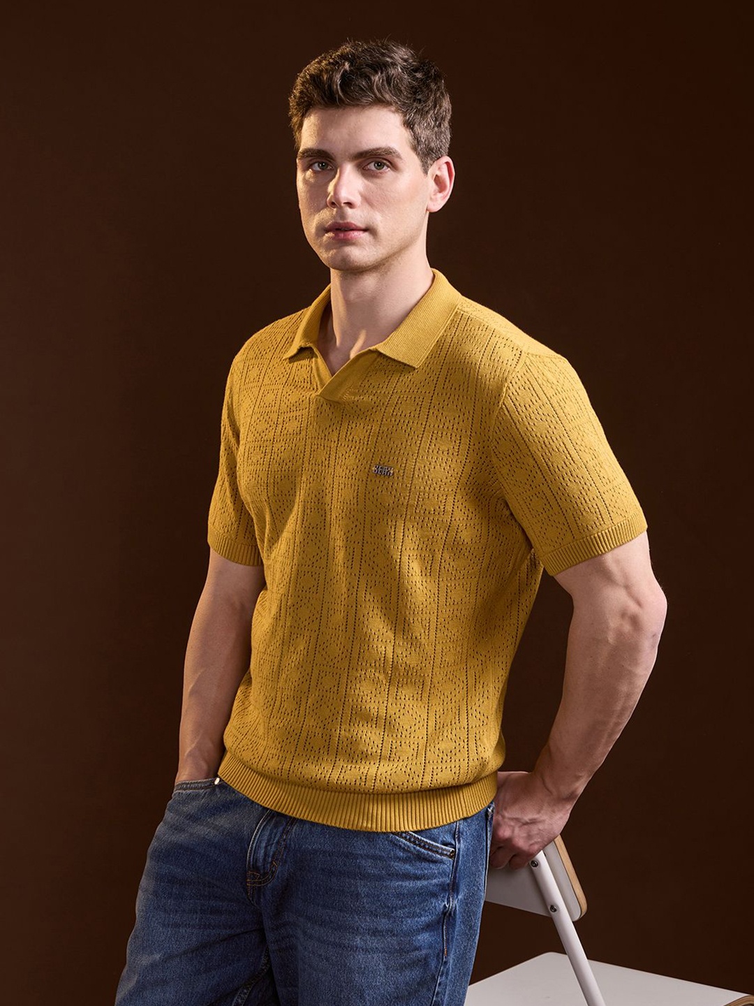 

THE BEAR HOUSE Men Polo Collar Slim Fit T-shirt, Mustard