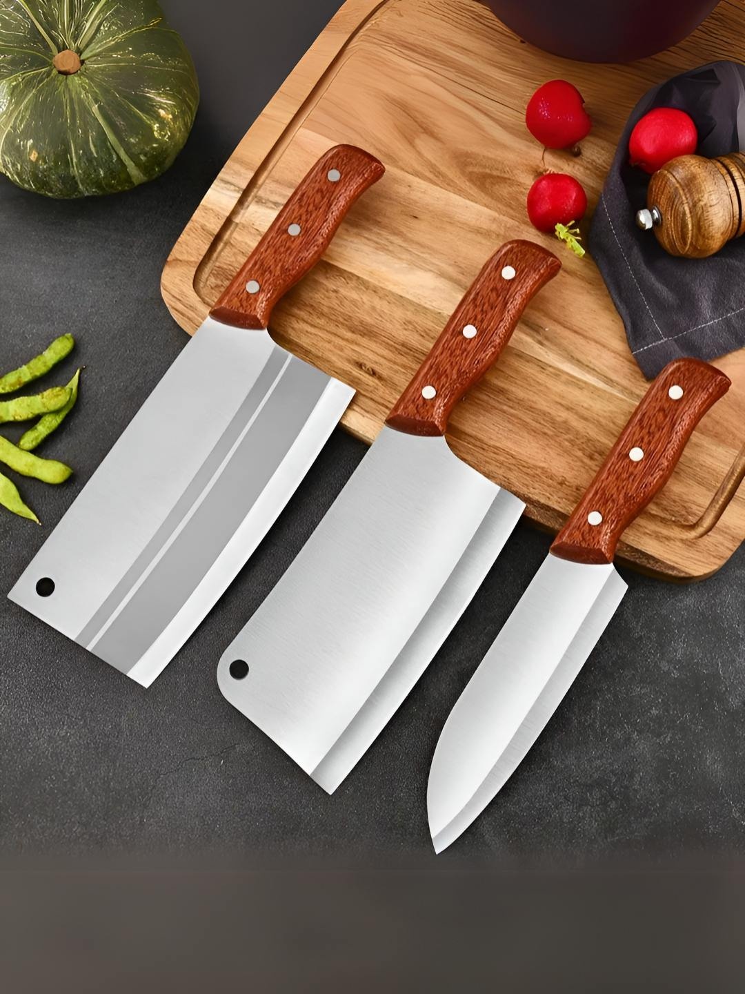 

MACHADO Set Of 3 Silver-Toned & Brown Stainless Steel Forged Serbian Chef Knife