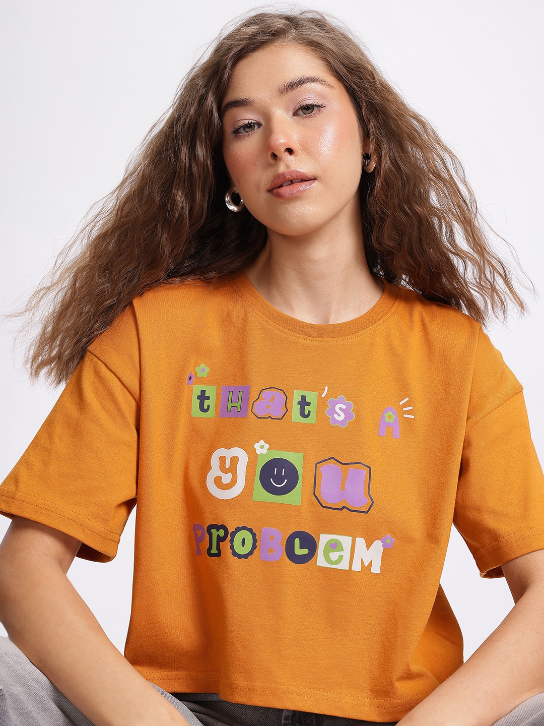 

glitchez Artistic Statements Printed Boxy Crop T-shirt, Mustard