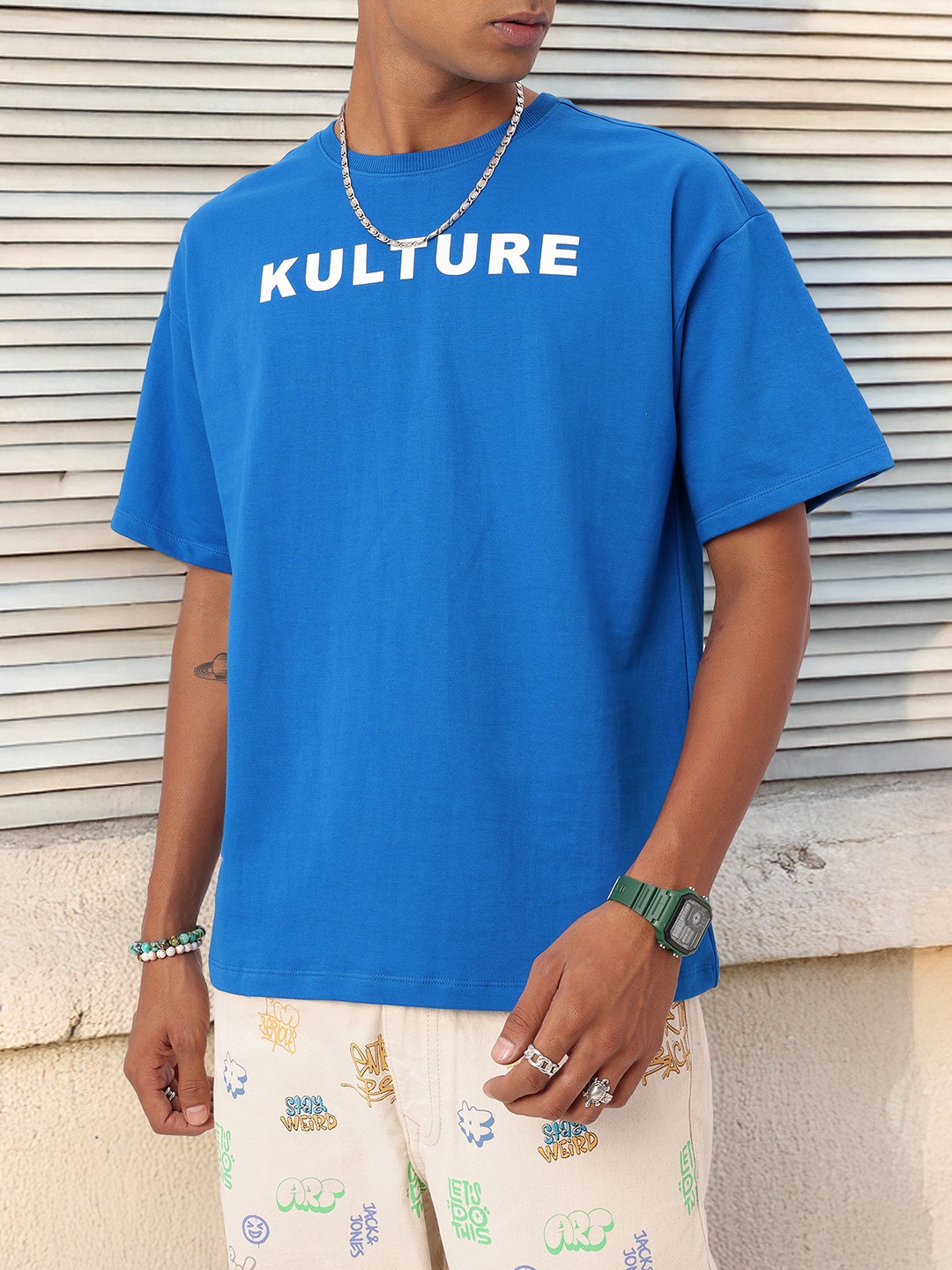 

Kook N Keech Grit Culture Printed Cotton Terry Oversized T-shirt, Blue