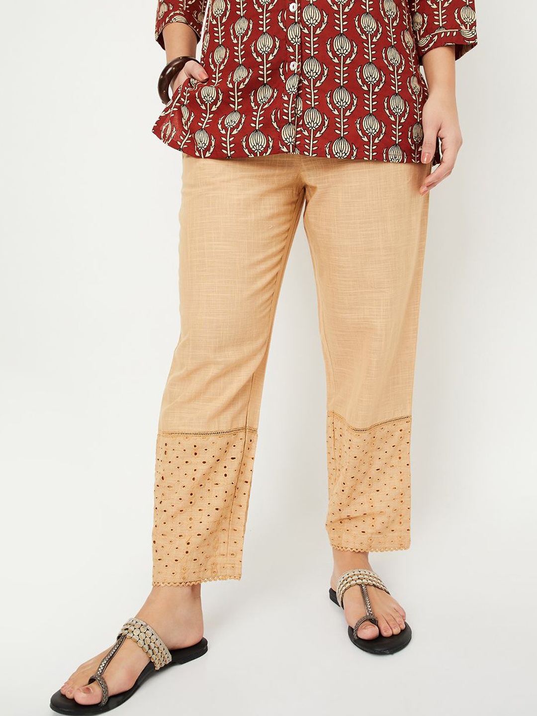 

max Women Ethnic Motifs Printed Trousers, Beige