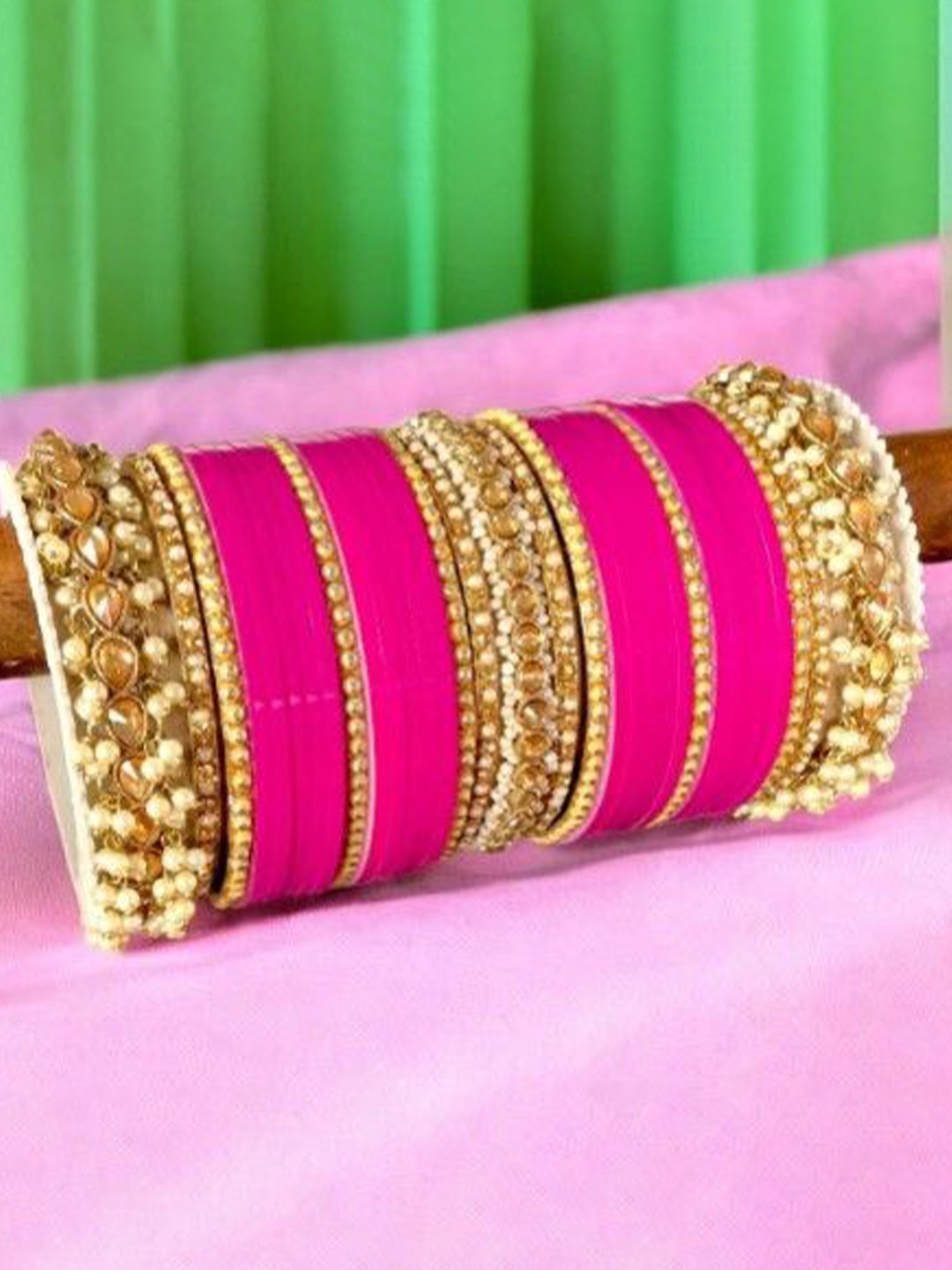 

leshya Set Of 36 Stone Studded & Beaded Rajasthani Bridal Chura & Gajra Kada Bangles, Gold