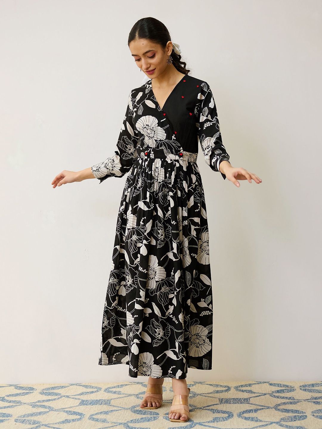 

Rustorange Women Black Ayesha Cotton Overlap Dress with Hand Embroidery Detail