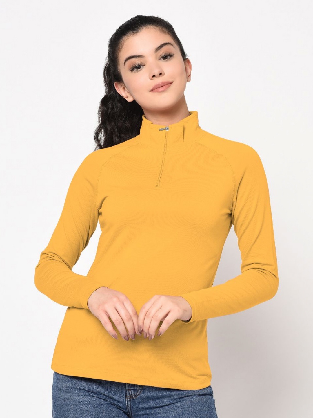 

Metronaut Women High Neck Drop-Shoulder Sleeves Slim Fit T-shirt, Mustard