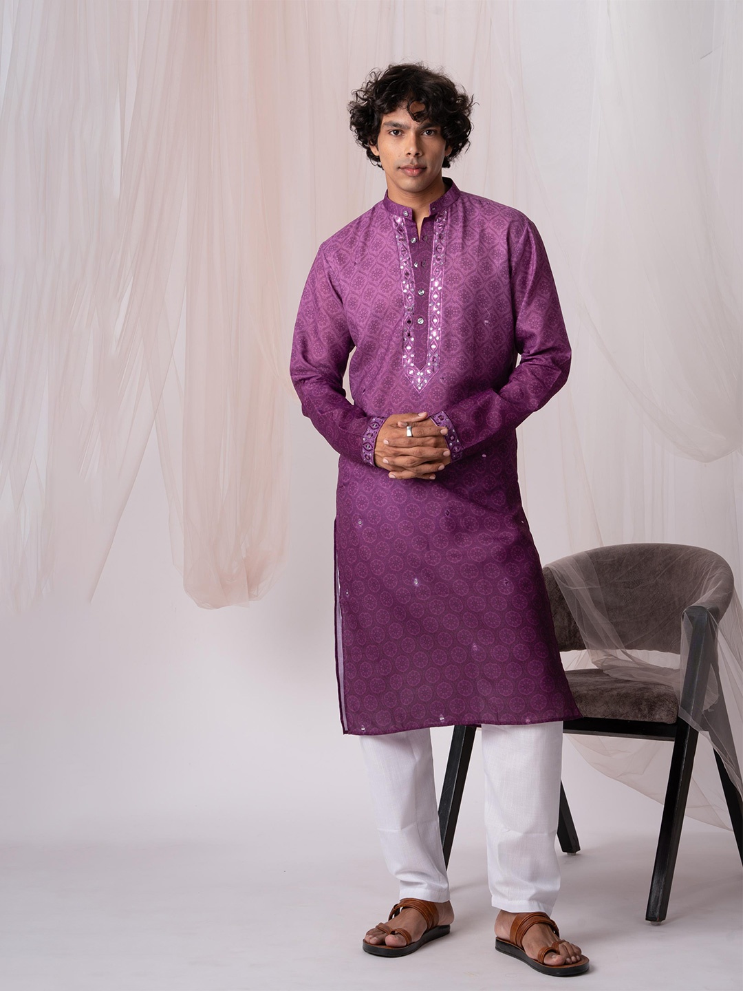 

5 Stitch Ethnic Motifs Embroidered Sequinned Mandarian Collar Chanderi Silk Kurta, Purple