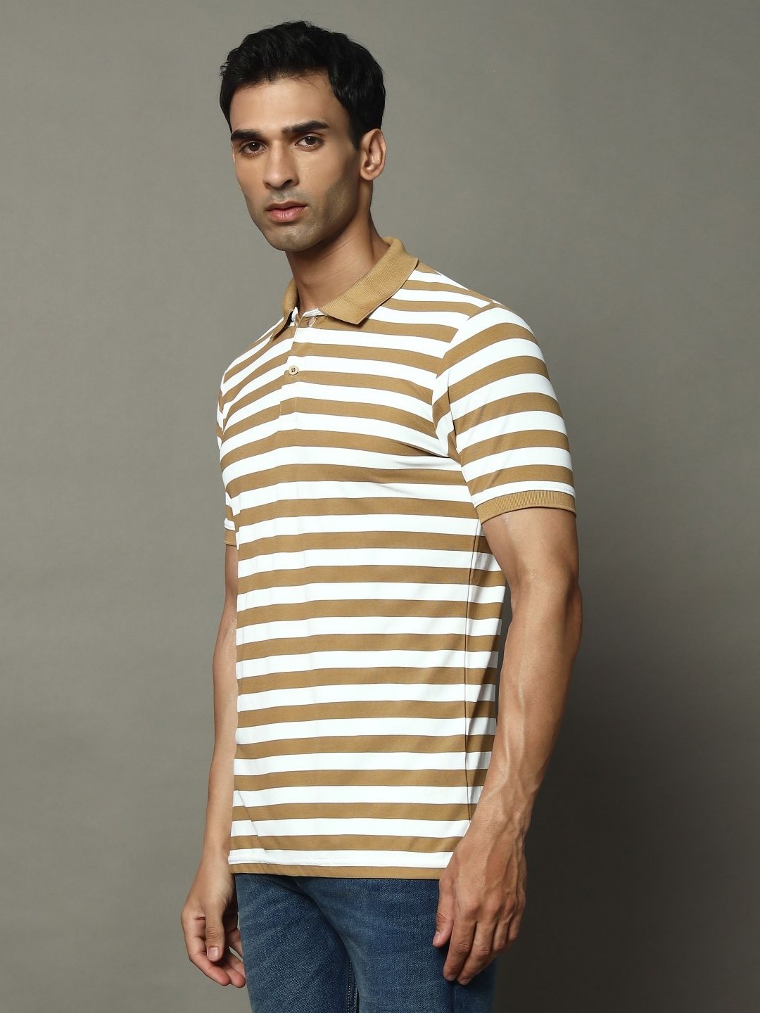 

OGEN Men Striped Polo Collar Pockets T-shirt, Mustard