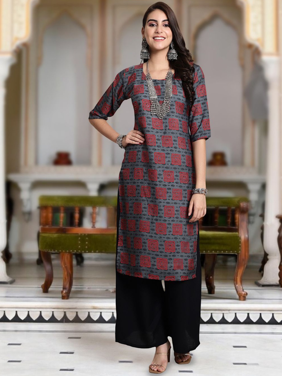 

Moda Rapido Geometric Printed Round Neck Straight Kurta, Grey