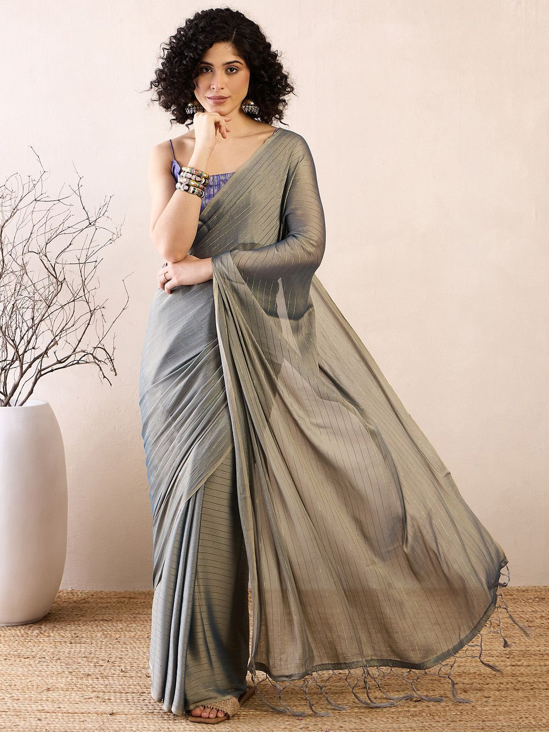 

Mitera Striped Poly Georgette Ready to Wear Saree, Grey