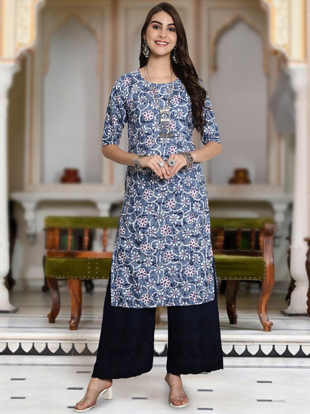 

Moda Rapido Floral Printed Round Neck Straight Kurta, Blue