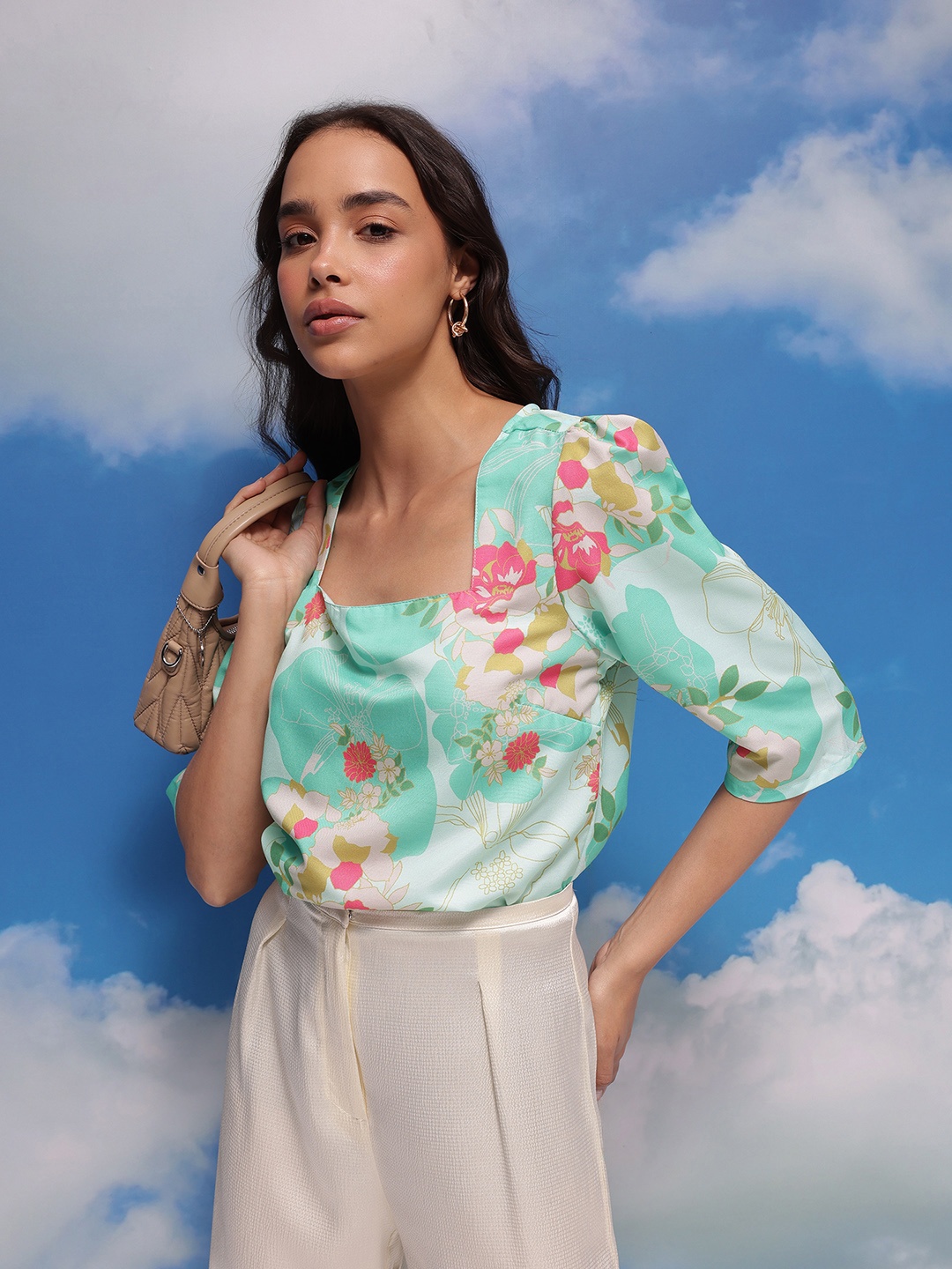 

CORSICA Floral Print Puff Sleeves Top, Green