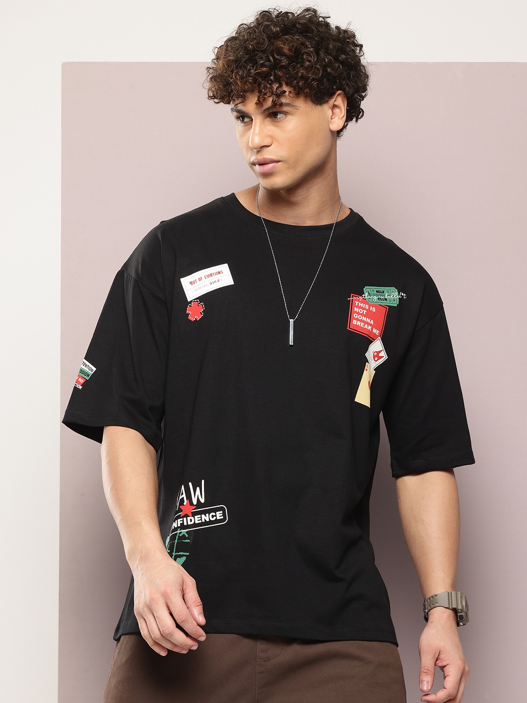 

Kook N Keech Printed Drop-Shoulder Sleeves Pure Cotton Oversized T-shirt, Black