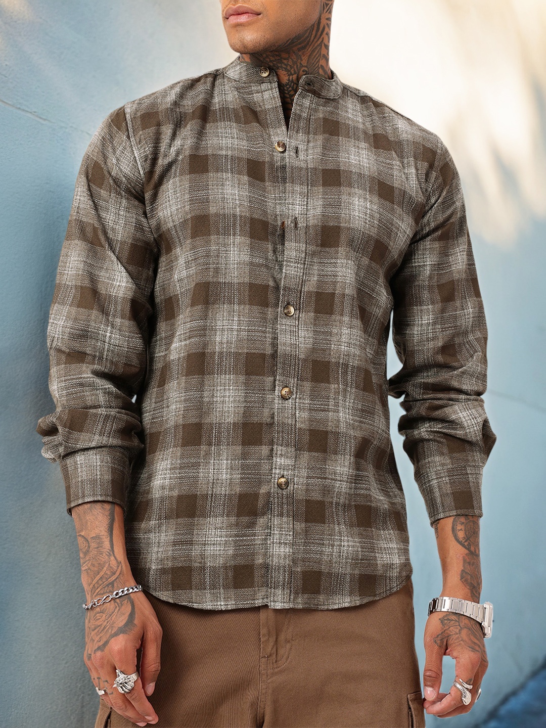 

Kook N Keech Preppy Edge Band Collar Tartan Checked Relaxed Shirt, Olive