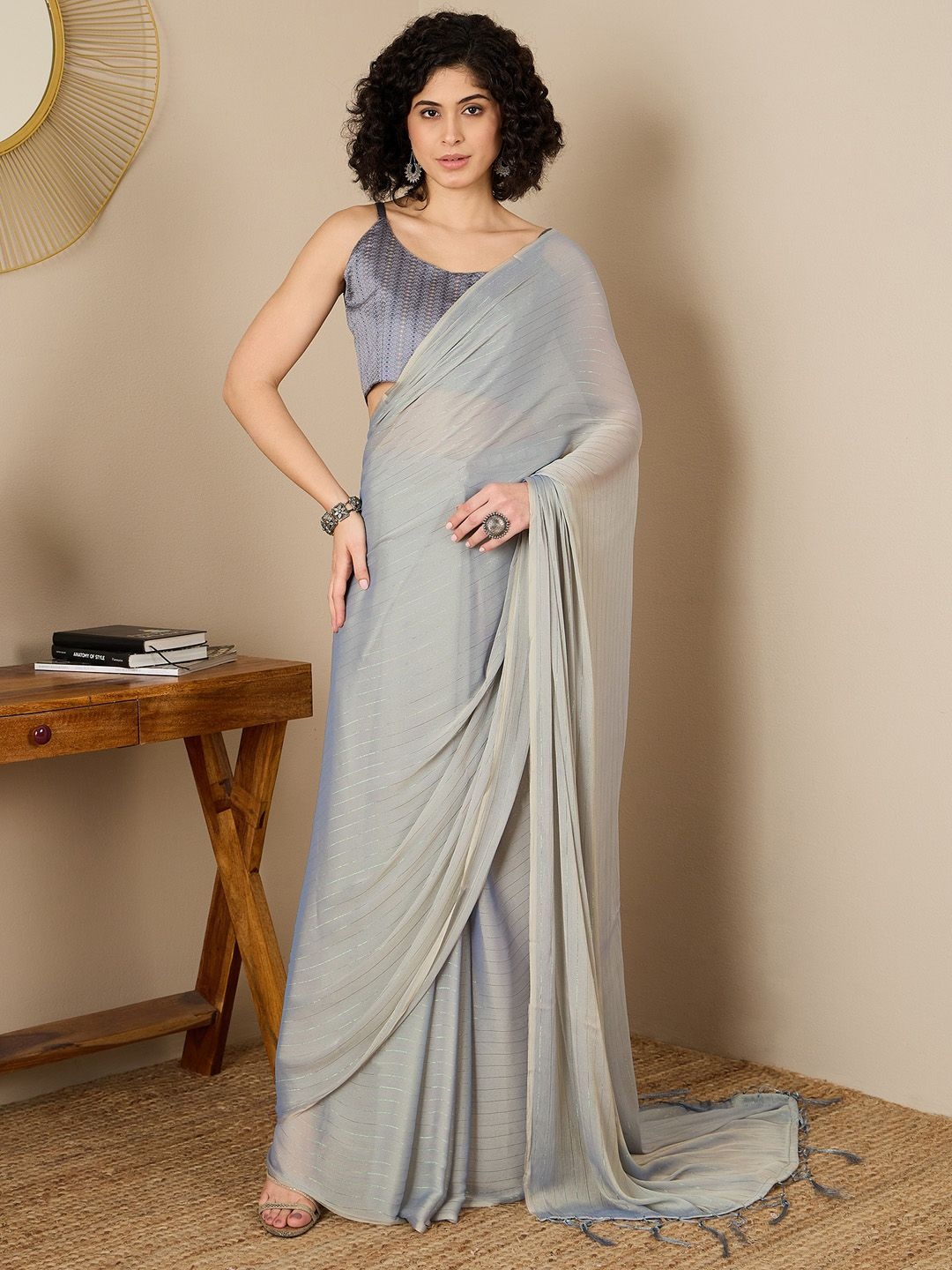 

Mitera Striped Poly Georgette Ready to Wear Saree, Grey