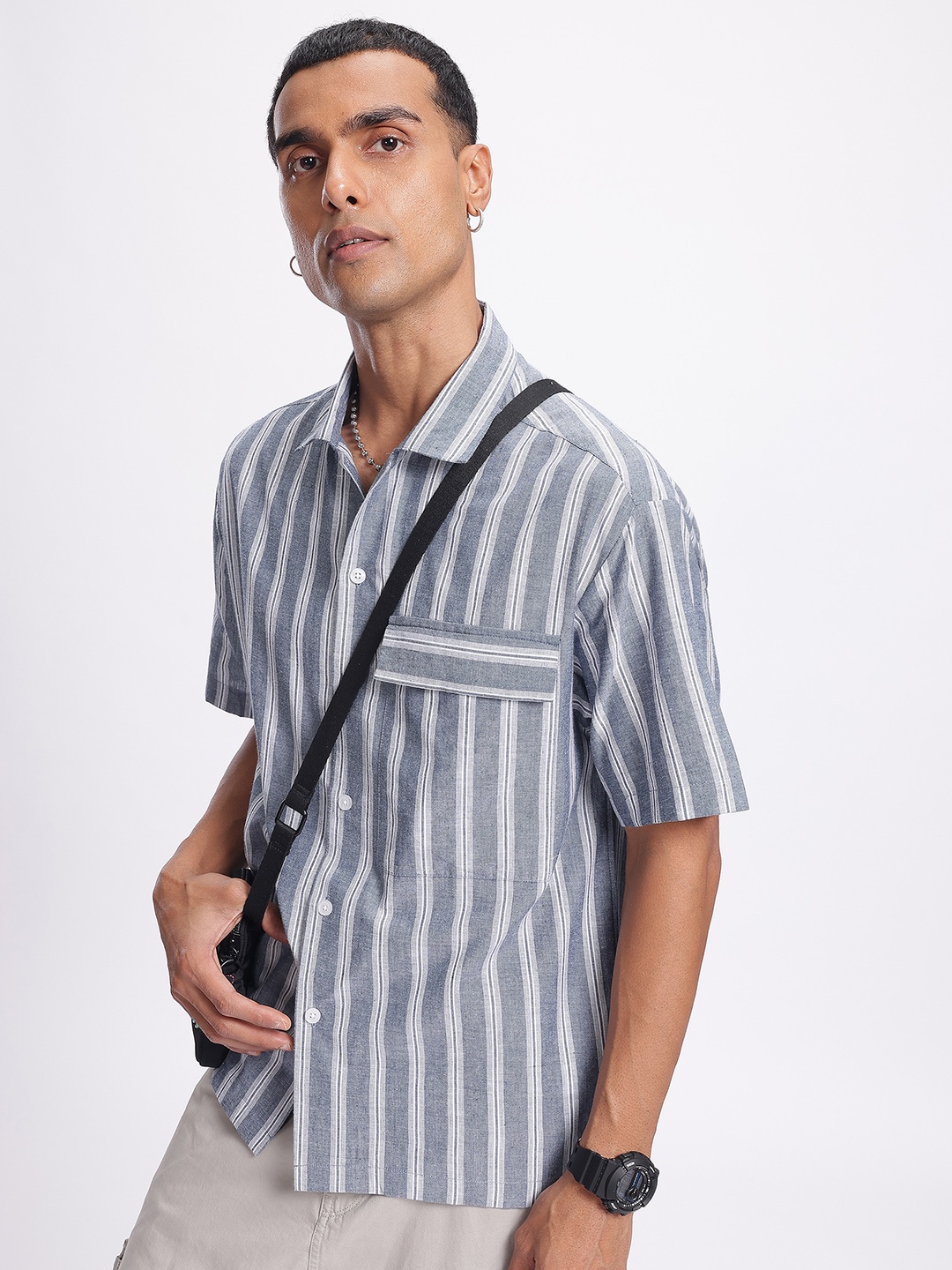 

Kook N Keech Streetwise Stitch Striped Oversized Pocket Relaxed Shirt, Navy blue